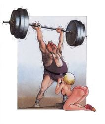 1boy 1girls female humor lifting_weights male obese_male penis shitpost slim_girl