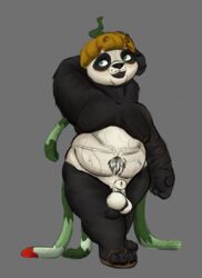 1boy absurd_res animal_genitalia animal_penis anthro balls ballsack belly big_belly black_fur body_fur chubby_male clothing costume dangling_testicles dreamworks embarrassed flaccid_penis fluffy_fur footwear genitals giant_panda hat headgear headwear hi_res kentuckiyucki kung_fu_panda low_hanging_balls male male_nipples male_only mammal moobs navel neck_tuft nude_male open_mouth overweight overweight_anthro overweight_male pawpads paws penis po sandals scrotum sheath solo testicles thick_thighs toes toony tuft ursid white_fur