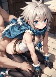 2boys ai_generated anal_sex belt blue_eyes cape corset department_heaven face_markings femboy gloves grey_hair implied_anal leggings leggings_down looking_at_viewer male male_only shoes_on sitting_on_lap sitting_on_penis spiked_hair yggdra_union