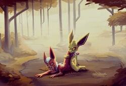 anthro clenched_teeth closed_eyes duo eeveelution female forest genitals jolteon male mulebris nintendo outside penis pokémon_(species) pokemon pussy sex straight teeth tongue tongue_out tree video_games