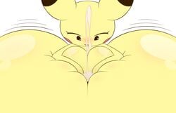 14:9 anthro big_breasts blush bodily_fluids breasts cum cum_between_breasts ejaculation female genital_fluids hi_res huge_breasts hyper hyper_breasts k--10 nintendo paizuri pikachu pokémon_(species) pokemon sex simple_background squished_between_breasts titjob video_games white_background yellow_body