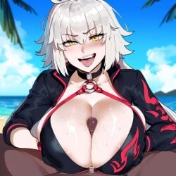 1girls ai_generated creamy_ai dark-skinned_male fate/grand_order fate_(series) female jeanne_alter light-skinned_female light_skin tagme white_hair