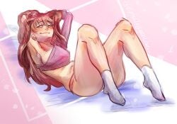 1female 1girls doki_doki_literature_club epicoxygenuser green_eyes long_hair monika_(doki_doki_literature_club) panties socks