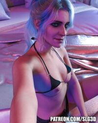 1girls 3d bed bedroom bra breasts cd_projekt_red ciri female freckles freckles_on_face green_eyes light-skinned_female light_skin looking_at_viewer mascara nipples ponytail scar slg3d small_breasts smiling solo solo_female the_witcher_(series) the_witcher_3:_wild_hunt white_hair