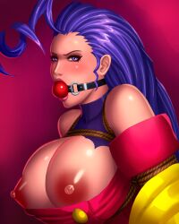 2d areolae ball_gag bare_shoulders big_breasts blue_eyes bondage breasts breasts_out busty erect_nipples female female_focus female_only italian italian_female large_breasts long_hair makeup nipples purple_hair rope rope_bondage rope_harness rose_(street_fighter) street_fighter street_fighter_alpha svoidist tagme tied_up