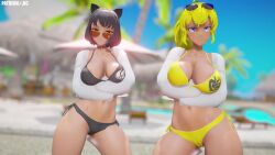 2girls 3d animated beach big_ass bikini black_bikini black_hair blake_belladonna blonde_hair bouncing_breasts canon_couple cat_ears dancing emblem jic_jic looking_at_viewer music music_video open_shirt purple_eyes rwby short_hair sound sunglasses sunglasses_on_head swaying_hips tagme video white_shirt yang_xiao_long yellow_bikini yellow_eyes