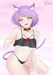 alternate_version_available animal_ears bell black_clover blush cat_ears cat_tail choker dorothy_unsworth female furry_ears gibb_san looking_at_viewer maid_bikini on_knees open_mouth petite pink_background pink_hair presenting short_hair thighs underboob unusual_pupils watermark witch