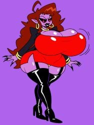 areolae ass_bigger_than_head ass_expansion black_lipstick boots breast_expansion breasts_bigger_than_head brown_hair bubble_butt earrings fingernails friday_night_funkin glowing_eyes gold_jewelry long_hair mommy_mearest newgrounds panties purple_skin thighhighs