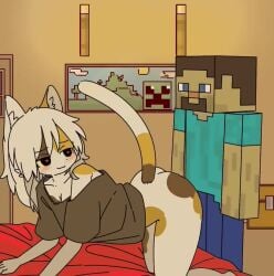1boy 1girls 2d animated anthro ass cat_(minecraft) cat_ears doremifaso64 feline feline_humanoid female human human_on_anthro humanoid male minecraft music on_bed sound sound_effects steve_(minecraft) tagme tail tail_up thighs video voluptuous