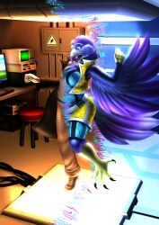 asymmetrical_transformation avian bird breast_expansion breasts cyberpunk electronics expansion falcon falconid female futuristic_clothing gender_transformation hi_res leksi_(artist) mona_(illustriousmondad) reality_shift species_transformation surprised_face transformation