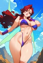 2d ai_generated big_breasts bikini cotton_(game) fairy fairy_wings female female_focus female_only highleg long_hair red_hair silk_(cotton) solo solo_female solo_focus tagme wings