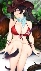 bikini black_hair blush cleavage cow_hat feathers female hataraki_kuma looking_at_viewer red_eyes saki_kurokoma smile touhou wings