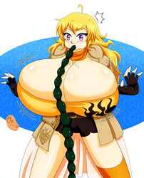 1girls 5_fingers big_breasts blonde blonde_hair blue_background blush blushing breast_expansion breasts breasts_bigger_than_head cleavage clothed clothes clothing expansion female female_only growth hips hose hose_bulge hose_in_mouth hose_inflation huge_breasts human human_only humanoid hyper_breasts inflation large_breasts long_hair mammal oxdarock purple_eyes rwby shiny shiny_skin solo solo_female standing surprised surprised_arms thighs water white_background wide_eyed yang_xiao_long