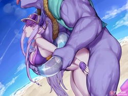 1boy 1girls beach bent_over kumiko_(aleron) large_breasts larger_male lavender_hair league_of_legends long_hair mundo_(league_of_legends) outdoor outdoor_sex outdoors pool_party_mundo pool_party_series pool_party_syndra purple_hair size_difference smaller_female surprised swimsuit swimwear syndra very_long_hair