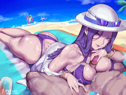 beach beach_towel bikini caitlyn_kiramman clothed_female cum_on_breasts cum_on_face female glasses hat kumiko_(aleron) laying_on_stomach league_of_legends long_hair looking_at_viewer male male/female mundo_(league_of_legends) nude_male outdoors outdoors_sex paizuri piercing pool_party_caitlyn pool_party_mundo pool_party_series pool_party_syndra public_sex sex_on_the_beach syndra wet_body