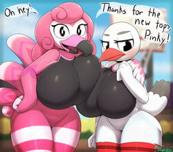 2020 2girls animal_crossing anthro arm_around_shoulders avian big_breasts big_thighs bird black_eyes blush bottomless breast_squish breasts dialogue digital_media_(artwork) duo duo_focus english_text female female_only flamingo flora_(animal_crossing) fur furry furry_only hi_res huge_breasts large_breasts looking_at_viewer miso_souperstar nintendo pink_beak pink_body pink_feathers pink_hair piper_(animal_crossing) pussy speech_bubble text thick_thighs white_body white_feathers wide_hips