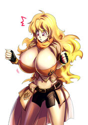 1girls bakki belt big_breasts bike_shorts blush breast_expansion breasts breasts_bigger_than_head cleavage clenched_hands female female_only fingerless_gloves gloves hi_res highres huge_breasts long_hair looking_down midriff navel pink_eyes rwby scarf shiny shiny_skin shirt shorts solo standing surprised yang_xiao_long