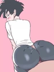 1girls animated annoyed ass big_ass black_hair blue_eyes blush bubble_butt buttjob clothed clothing_skin covered_buttjob cum d-art dragon_ball dragon_ball_z favorite female gif looking_at_viewer looking_back plain_background precum short_hair shounen_jump solo_focus straight videl