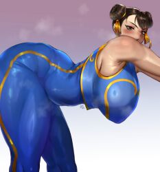 1girls absurd_res asian asian_female big_breasts bodysuit breasts brown_hair capcom chun-li double_bun eye_contact female female_focus female_only fully_clothed high_resolution looking_at_viewer milileonaorochi shiny_clothes shiny_skin sideboob skin_tight solo steaming_body street_fighter street_fighter_alpha thick_thighs thighs thunder_thighs wide_hips