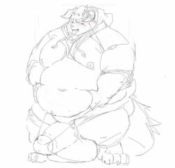 2020 anthro balls behemoth_(tokyo_afterschool_summoners) big_balls big_penis blush clothing fur furry genitals hoodie male male_only monochrome monster navel obese obese_anthro obese_male overweight overweight_anthro overweight_male penis solo solo_male tokyo_afterschool_summoners topwear tora_gy underwear video_games