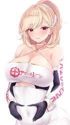 1girls alternate_costume azur_lane black_gloves blonde_hair blush breasts choker cleavage collarbone female female_only gloves large_breasts leotard light-skinned_female light_skin official_alternate_costume prince_of_wales_(azur_lane) prince_of_wales_(the_laureate's_victory_lap)_(azur_lane) race_queen red_eyes solo tanita