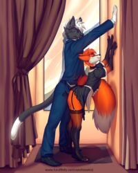 anthro apron business_suit canid canine clothed clothing crossdressing domestic_cat dressing_room_(disambiguation) ear_piercing eyebrow_piercing facial_piercing felid feline felis footwear fox legwear maid_uniform male male/male mammal mirror piercing rexwind sex socks stockings suit uniform