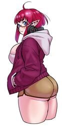 :3 ass chubby chubby_female curvy dat_ass elf elf_ears female glasses hair_ornament hoodie huge_ass huge_breasts looking_at_viewer luna_ciyradil_(aikuxa) original pink_hair pointy_ears short_hair short_shorts shorts sideboob smiling synecdoche thick_thighs