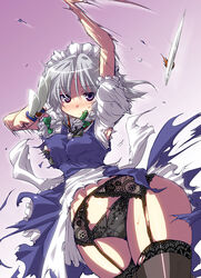 1girls black_legwear black_panties blue_dress blush dress embarrassed exposed exposed_panties exposed_thighs garter_belt grey_eyes highres hirowa_nagi knife legwear lingerie maid maid_headdress maid_uniform panties ripped_clothing ripped_dress sakuya_izayoi stockings thick_thighs thighhighs thighs thin_arms torn_clothes torn_clothing torn_dress touhou underwear wardrobe_malfunction white_hair wide_hips