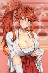 1girls blush chest_wraps cleavage clothing curvy female female_only hakama kimono large_breasts lindaroze looking_at_viewer ponytail red_hair sakura_wars sarashi sega shin_sakura_taisen shinonome_hatsuho smile solo voluptuous