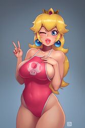 1girls absurdres bad_id bad_twitter_id big_breasts blonde_hair blue_background blue_earrings blue_eyes breasts covered_navel crown dick_sucking_lips earrings female female_only grey_background highres large_breasts long_hair mario_(series) mushroom nintendo one-piece_swimsuit one_eye_closed peace_sign pink_lipstick pink_nail_polish pink_nails pink_swimsuit princess_peach rizdraws side_boob sideboob signature simple_background skin_tight skindentation smile smiling solo standing swimsuit thick_lips thick_thighs v wide_hips wink winking year_request