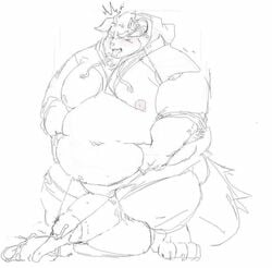 2020 anthro balls behemoth_(tokyo_afterschool_summoners) big_balls big_penis blush bodily_fluids clothing cum ejaculation genital_fluids genitals hoodie male monochrome monster navel obese obese_anthro obese_male overweight overweight_anthro overweight_male penis solo solo_male tokyo_afterschool_summoners topwear tora_gy underwear video_games