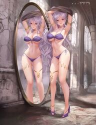 1girls ;d absurdres armlet armpits arms_up ass_visible_through_thighs azto_dio bikini black_choker breasts choker clothes_lift collarbone female fire_emblem fire_emblem:_genealogy_of_the_holy_war full_body high_heels highres huge_filesize indoors ishtar_(fire_emblem) large_breasts lifted_by_self looking_at_viewer mirror navel nintendo one_eye_closed open_mouth open_smile pigeon-toed purple_bikini purple_eyes purple_footwear purple_hair purple_ribbon purple_swimsuit reflection ribbon side-tie_bikini side_ponytail smile solo solo_female standing stomach swimsuit thighlet underboob undressing window