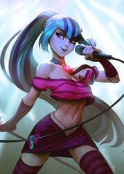 1girls abs armpits belly_button blue_hair breasts choker clothed equestria_girls female female_only fingerless_gloves gem grey_skin hasbro long_gloves long_hair microphone midriff miniskirt multicolored_hair my_little_pony nail_polish no_bra off_shoulder ponytail rainbow_rocks seductive shoulders singing skirt smile smiling socks solo solo_female sonata_dusk striped_legwear tarakanovich the_dazzlings thigh_highs thighhighs