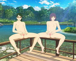 2girls black_eyes black_hair blush boruto:_naruto_next_generations feet glasses kakei_sumire legs looking_at_viewer multiple_girls naruto naruto_(series) nude purple_eyes purple_hair sarada_uchiha sitting small_breasts spread_legs spread_pussy vagina wampik