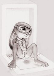 3_toes anthro anus bathroom clitoral_hood clitoris collar dipstick_ears disney ears_down erect_clitoris erect_nipples eyewear female flat_chest flat_chested fuchs genitals goggles hi_res judy_hopps lagomorph leash leporid mammal monochrome multicolored_ears nipples nude pivoted_ears presenting presenting_pussy public_restroom public_use pussy rabbit reclining sitting sketch solo spread_legs spreading toes traditional_media_(artwork) urinal zootopia