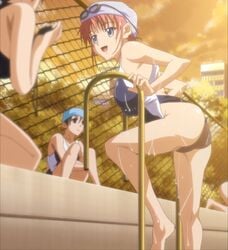 3girls fence getting_out_of_pool glasses glasses_on_head happoubi_jin happy hat kanojo_x_kanojo_x_kanojo multiple_girls one-piece_swimsuit orifushi_akina outdoors pool school_swimsuit screencap sky stairs stitched swimming_pool swimsuit tree wet