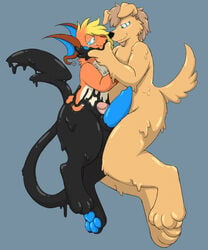 anthro big_penis bird_dog black_border black_goo black_nose black_tail blonde_hair blue_background blue_eyes blue_pawpads blue_penis border canid canine canis crisstail domestic_dog duo eye_contact frottage fur genitals golden_retriever goo_transformation hair hi_res humanoid_genitalia humanoid_penis hunting_dog hypnosis looking_at_another male male/male mammal mind_control multicolored_body multicolored_fur nintendo orange_body orange_fur pawpads penis pink_penis pokémon_(species) pokemon pokemon_(species) raichu retriever ringed_eyes sex side_view simple_background tan_body tan_goo tan_tail transformation video_games white_body white_fur