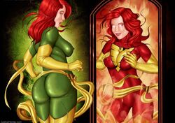 alternate_form arm_length_gloves ass big_breasts bodysuit breasts candle_(artist) dark_phoenix dat_ass female female_only fully_clothed green_bodysuit hands_on_breasts jean_grey justicehentai.com lipstick long_hair marvel marvel_comics mirror nipple_bulge open_mouth phoenix_(x-men) red_bodysuit red_hair sash shocked sideboob skin_tight skintight smile solo thighhighs white_eyes x-men yellow_gloves yellow_sash yellow_thighhighs