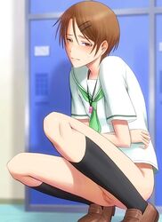 1girls aida_riko bonnie_(rsg) bottomless brown_hair exhibitionism female female_pervert kuroko_no_basuke school_uniform short_hair