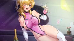 1girls blonde_hair bodysuit breast_slip breasts drinking female female_only game_cg green_eyes heavy_metal_babes large_breasts legwear light-skinned_female light_skin lily_(heavy_metal_babes) nip_slip nipple_slip nipples open_mouth skimpy sleeves solo wink