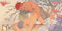 2boys abs anal ass bara bare_chest blue_hair blush cherry_blossoms chest completely_nude couple cum ejaculation full_body gay implied_handjob japanese_clothes kimono male male_focus male_only multiple_boys muscle navel navel_hair nipples nude open_clothes open_kimono origami original penguin_frontier red_hair sex short_hair thighs tree undressing yaoi