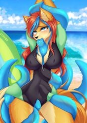 anthro beach blue_eyes breasts canid canine clothed clothing cloud cloudscape detailed_background female fox fur grace_kaiser gyuumu hair hi_res mammal medium_breasts multicolored_body multicolored_fur multicolored_hair one-piece_swimsuit orange_hair sand sea seaside sky solo swimsuit swimwear tentacle two_tone_body two_tone_fur two_tone_hair water