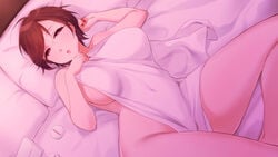 brown_hair covering_breasts laying_down laying_on_bed meiko sasanoneko sheets short_hair sideboob thick vocaloid