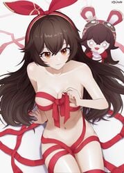 1girls 722_(tsk02324) amber_(genshin_impact) amber_eyes baron_bunny_(genshin_impact) breasts female genshin_impact gift_wrap hair_bow hairbow long_hair looking_at_viewer smile tied_up