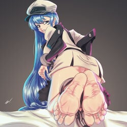 akame_ga_kill! ass barefoot blue_eyes blue_hair bondage chained chains esdeath_(akame_ga_kill!) feet female foot_fetish foot_focus from_behind handcuffs hat long_hair looking_back scamwich soles solo toes