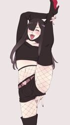 1boy bangs black_hair black_nails closed_eyes clothing crossdressing fangs femboy fishnet_pantyhose girly gyarusatan hair_over_one_eye high_heels holding_ankle horns leg_up long_hair male male_only open_mouth penis_bulge rainer_(gyarusatan) red_cheeks smiling solo solo_male splits standing_split tongue_out trap vertical_splits very_high_resolution white_background