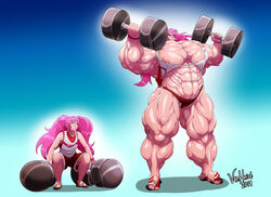 1girls abs androgynous borrowed_character commission dumbbell exercise extreme_muscles female female_only grin hyper_muscles long_hair manly muscle_growth muscular_female original pecs pectorals pink_hair rose_(smartuju) shorts solo solo_female thick_thighs torn_clothes transformation twintails vanheist veiny_muscles