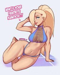 1girls 2020 2020s arm_support arm_up athletic bare_shoulders barefoot big_breasts bikini blonde_hair blue_eyes breasts clavicle feet female female_focus female_only fishnets hair_over_one_eye highleg_bikini ino_yamanaka jakuson_z kneeling lipstick long_hair looking_at_viewer lying makeup midriff naruto naruto_(series) naruto_shippuden nipples on_side parted_lips ponytail question shounen_jump smile soles solo swimsuit talking talking_to_viewer text tied_hair toes very_long_hair visible_nipples wide_hips