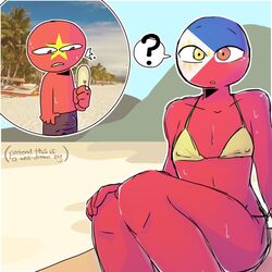 1boy 1girls ^^^ beach countryhumans countryhumans_girl cute day erection_under_clothes ice_cream knees_up outdoors palm_tree philippines_(countryhumans) photo_background popsicle red_skin sitting small_breasts spoken_? tagme vietnam_(countryhumans) yellow_bikini