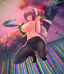 1girls _proxy_ big_breasts black_panties breasts brown_hair clothing clouds corruption detailed_background doki_doki_literature_club exposed_breasts female female_only glitching green_eyes high_heels large_breasts light-skinned_female light_skin long_hair looking_at_viewer monika_(doki_doki_literature_club) nipples pale-skinned_female pale_skin panties pantyhose ponytail red_hair screen solo solo_female spread_legs surreal thigh_strap topless